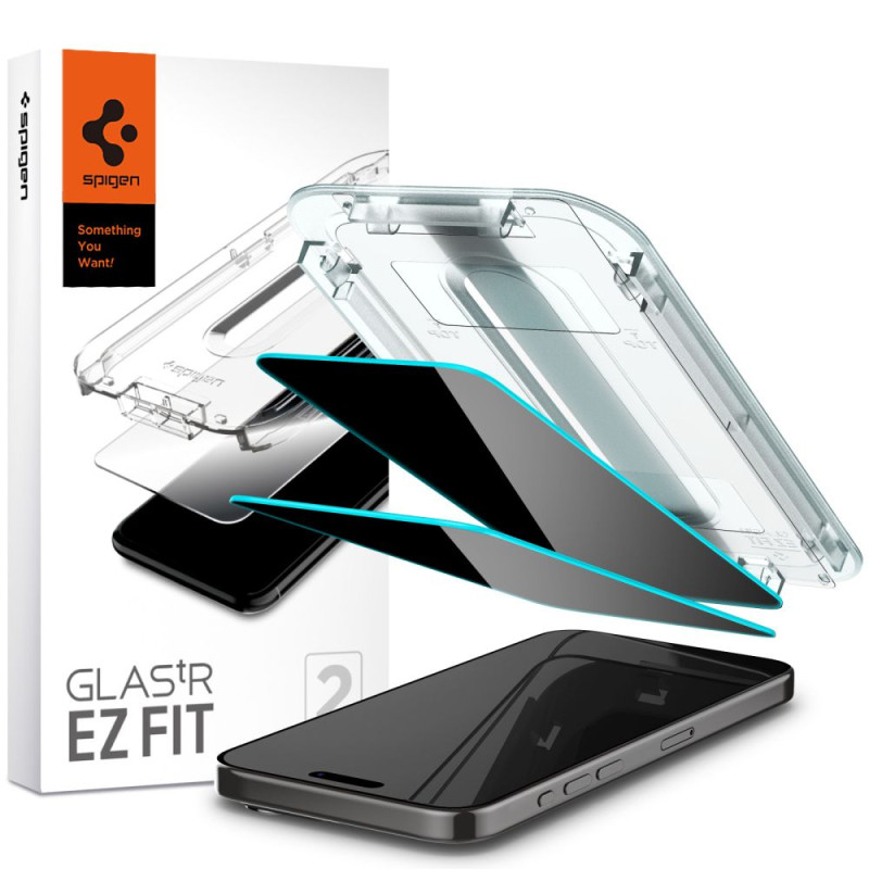 Spigen iPhone 15 Pro Glas.TR Privacy EZ Fit 2.5D 9H Αντιχαρακτικό Γυαλί Οθόνης - 2 Τεμάχια - Clear / Black - AGL06894