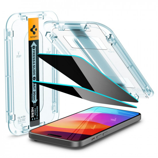 Spigen iPhone 15 Pro Glas.TR Privacy EZ Fit 2.5D 9H Αντιχαρακτικό Γυαλί Οθόνης - 2 Τεμάχια - Clear / Black - AGL06894