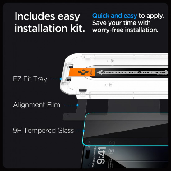 Spigen iPhone 15 Glas.TR Privacy EZ Fit 2.5D 9H Αντιχαρακτικό Γυαλί Οθόνης - 2 Τεμάχια - Clear / Black - AGL06905