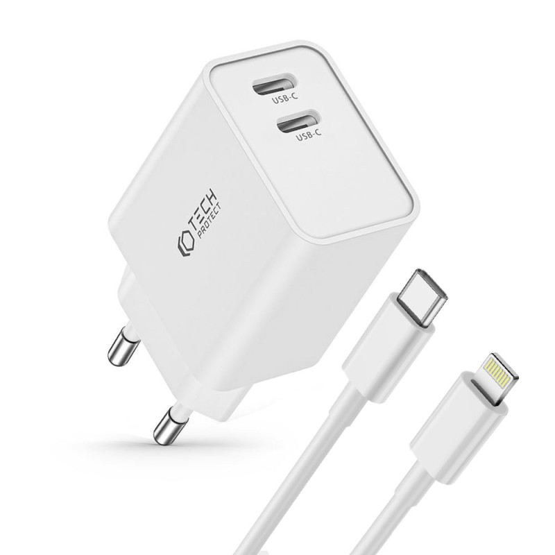 TECH-PROTECT C35W Οικιακός Φορτιστής Γρήγορης Φόρτισης με 2 Θύρες Type C PD 35W και Καλώδιο Type-C to Lightning - White TECH-PROTECT C35W Οικιακός Φορτιστής Γρήγορης Φόρτισης με 2 Θύρες Type C PD 35W και Καλώδιο Type-C to Lightning - White