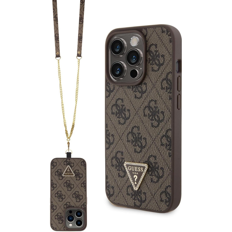 Guess iPhone 15 Pro - Crossbody 4G Metal Logo Θήκη με Επένδυση Συνθετικού Δέρματος και Λουράκι - Brown - GUHCP15LP4TDSCPW