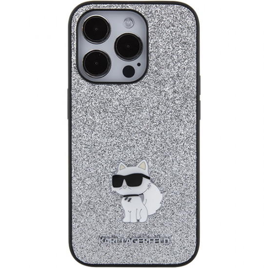 Karl Lagerfeld iPhone 15 Pro Max - Glitter Choupette Logo Metal Logo Σκληρή Θήκη με Πλαίσιο Σιλικόνης - Silver - KLHCP15XGCNPSG