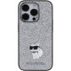Karl Lagerfeld iPhone 15 Pro Max - Glitter Choupette Logo Metal Logo Σκληρή Θήκη με Πλαίσιο Σιλικόνης - Silver - KLHCP15XGCNPSG