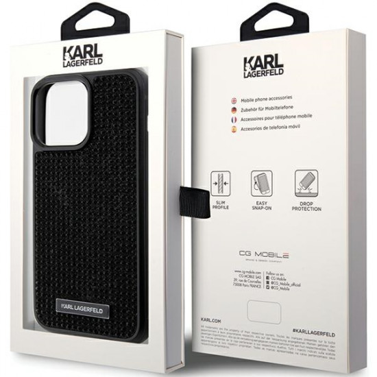 Karl Lagerfeld iPhone 15 Pro Max - Rhinestone Logo Metal Plate Σκληρή Θήκη με Πλαίσιο Σιλικόνης - Black - KLHCP15XHDSPLK