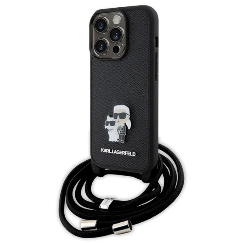 Karl Lagerfeld iPhone 15 Pro - Crossbody Saffiano Metal Pin Karl Choupette Σκληρή Θήκη με Επένδυση Συνθετικού Δέρματος και Λουράκι - Black - KLHCP15LSAKCPSK
