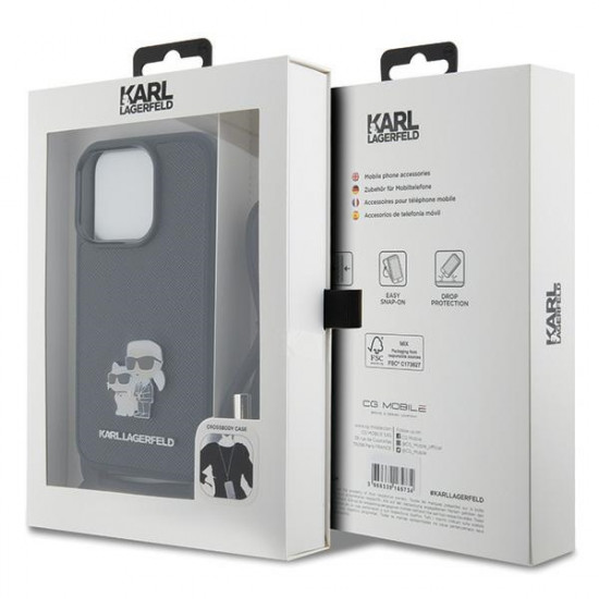 Karl Lagerfeld iPhone 15 Pro - Crossbody Saffiano Metal Pin Karl Choupette Σκληρή Θήκη με Επένδυση Συνθετικού Δέρματος και Λουράκι - Black - KLHCP15LSAKCPSK