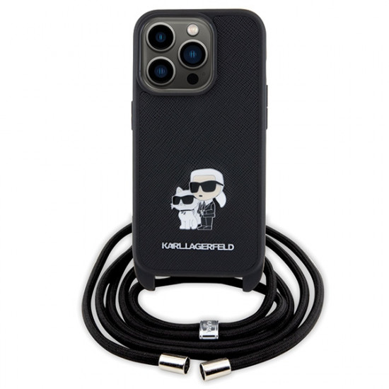 Karl Lagerfeld iPhone 15 Pro - Crossbody Saffiano Metal Pin Karl Choupette Σκληρή Θήκη με Επένδυση Συνθετικού Δέρματος και Λουράκι - Black - KLHCP15LSAKCPSK
