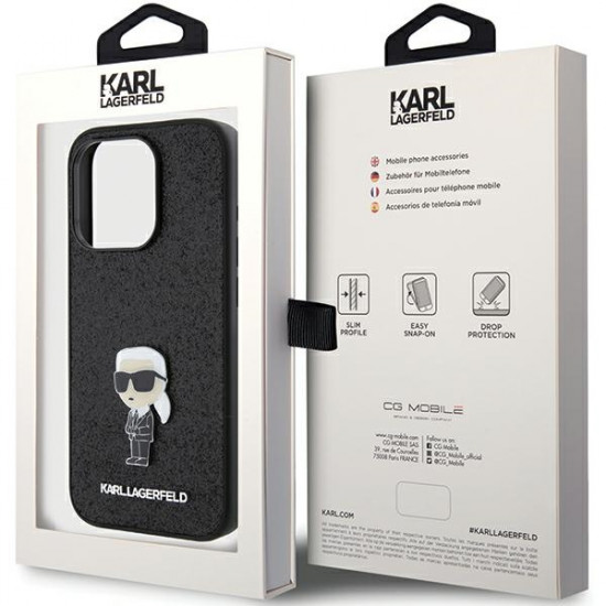 Karl Lagerfeld iPhone 15 Pro - Glitter Ikonik Logo Metal Logo Σκληρή Θήκη με Πλαίσιο Σιλικόνης - Black - KLHCP15LGKNPSK