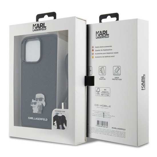 Karl Lagerfeld iPhone 15 Pro Max - Crossbody Saffiano Metal Pin Karl Choupette Σκληρή Θήκη με Επένδυση Συνθετικού Δέρματος και Λουράκι - Black - KLHCP15XSAKCPSK