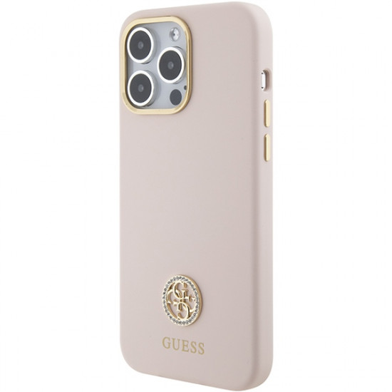 Guess iPhone 15 Pro Max Silicone Logo Strass 4G Σκληρή Θήκη με Πλαίσιο Σιλικόνης - Pink - GUHCP15XM4DGPP