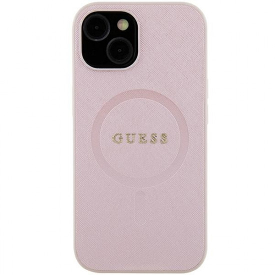 Guess iPhone 15 Plus Saffiano MagSafe Σκληρή Θήκη με Πλαίσιο Σιλικόνης και MagSafe - Pink - GUHMP15MPSAHMCP