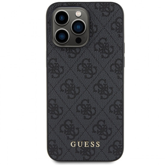 Guess iPhone 15 Pro Max - 4G Metal Gold Logo Σκληρή Θήκη με Επένδυση Συνθετικού Δέρματος - Grey - GUHCP15XG4GFGR