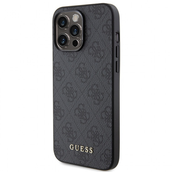 Guess iPhone 15 Pro Max - 4G Metal Gold Logo Σκληρή Θήκη με Επένδυση Συνθετικού Δέρματος - Grey - GUHCP15XG4GFGR