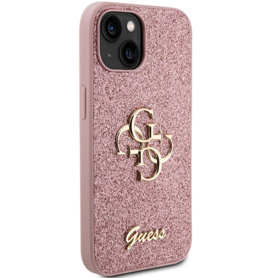 Guess iPhone 15 Glitter Script Big 4G Σκληρή Θήκη με Πλαίσιο Σιλικόνης - Pink - GUHCP15SHG4SGP