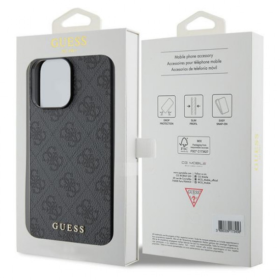 Guess iPhone 15 Pro - 4G Metal Gold Logo Σκληρή Θήκη με Επένδυση Συνθετικού Δέρματος - Grey - GUHCP15LG4GFGR