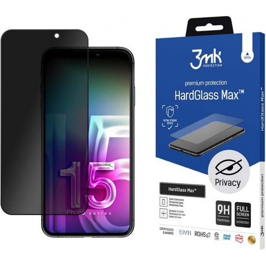 3MK iPhone 15 Pro HardGlass Max Privacy 0.30mm 9H Full Screen Αντιχαρακτικό Γυαλί Οθόνης - Black
