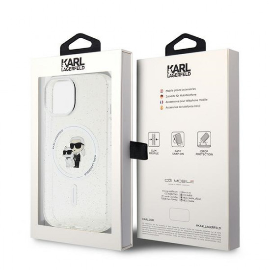Karl Lagerfeld iPhone 15 - Karl and Choupette Glitter Magsafe Σκληρή Θήκη με Πλαίσιο Σιλικόνης και MagSafe - Διάφανη - KLHMP15SHGKCNOT