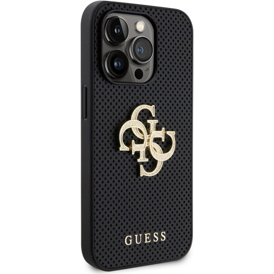 Guess iPhone 15 Leather Perforated 4G Glitter Θήκη με Επένδυση Συνθετικού Δέρματος - Black - GUHCP15SPSP4LGK