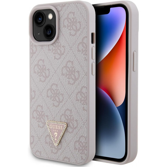 Guess iPhone 15 Leather 4G Diamond Triangle Θήκη με Επένδυση Συνθετικού Δέρματος - Pink - GUHCP15SP4TDPP