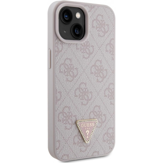 Guess iPhone 15 Leather 4G Diamond Triangle Θήκη με Επένδυση Συνθετικού Δέρματος - Pink - GUHCP15SP4TDPP