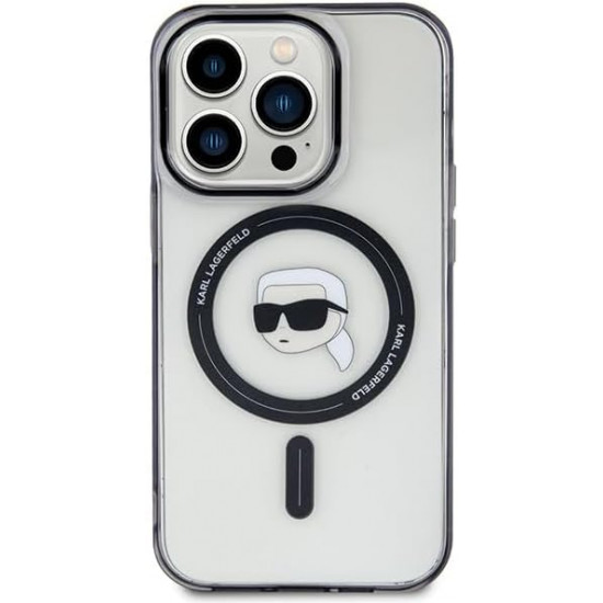 Karl Lagerfeld iPhone 15 Pro Max - IML Karl's Head MagSafe Σκληρή Θήκη με Πλαίσιο Σιλικόνης και MagSafe - Διάφανη / Black - KLHMP15XHKHNOTK