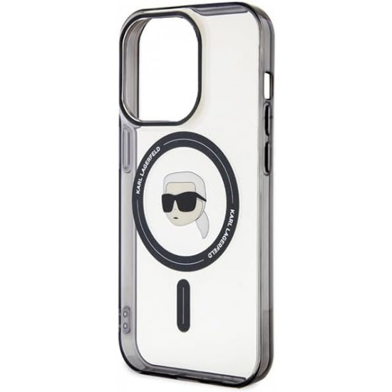 Karl Lagerfeld iPhone 15 Pro Max - IML Karl's Head MagSafe Σκληρή Θήκη με Πλαίσιο Σιλικόνης και MagSafe - Διάφανη / Black - KLHMP15XHKHNOTK