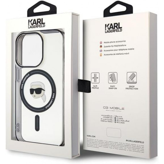 Karl Lagerfeld iPhone 15 - IML Karl's Head MagSafe Σκληρή Θήκη με Πλαίσιο Σιλικόνης και MagSafe - Διάφανη / Black - KLHMP15SHKHNOTK