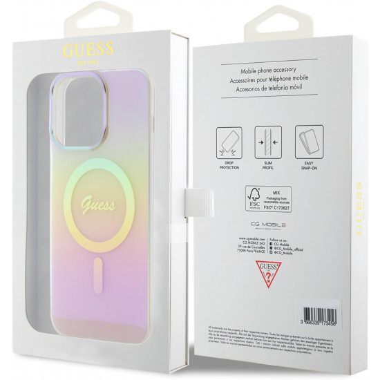 Guess iPhone 15 Pro IML Iridescent MagSafe Σκληρή Θήκη με Πλαίσιο Σιλικόνης και MagSafe - Pink - GUHMP15LHITSP