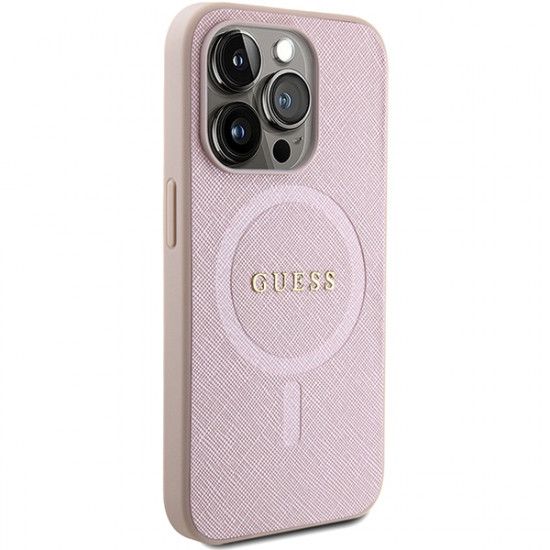 Guess iPhone 15 Pro Max Saffiano MagSafe Σκληρή Θήκη με Πλαίσιο Σιλικόνης και MagSafe - Pink - GUHMP15XPSAHMCP