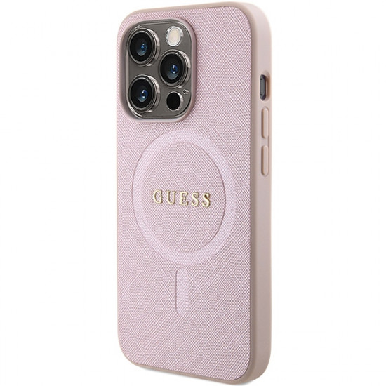 Guess iPhone 15 Pro Max Saffiano MagSafe Σκληρή Θήκη με Πλαίσιο Σιλικόνης και MagSafe - Pink - GUHMP15XPSAHMCP