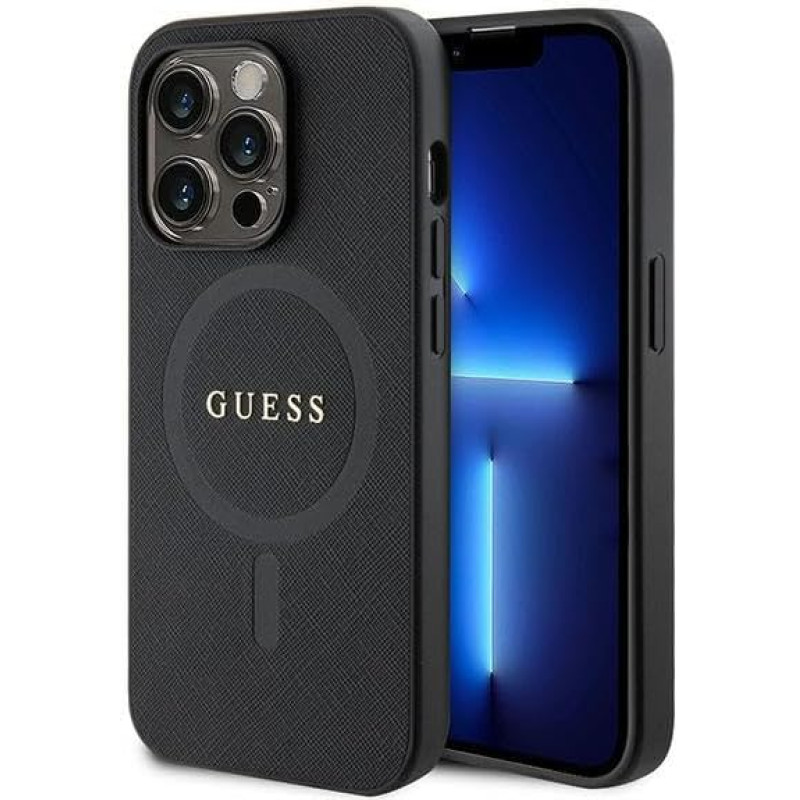 Guess iPhone 15 Pro Saffiano MagSafe Σκληρή Θήκη με Πλαίσιο Σιλικόνης και MagSafe - Black - GUHMP15LPSAHMCK