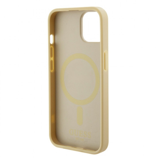 Guess iPhone 15 Saffiano MagSafe Σκληρή Θήκη με Πλαίσιο Σιλικόνης και MagSafe - Gold - GUHMP15SPSAHMCB