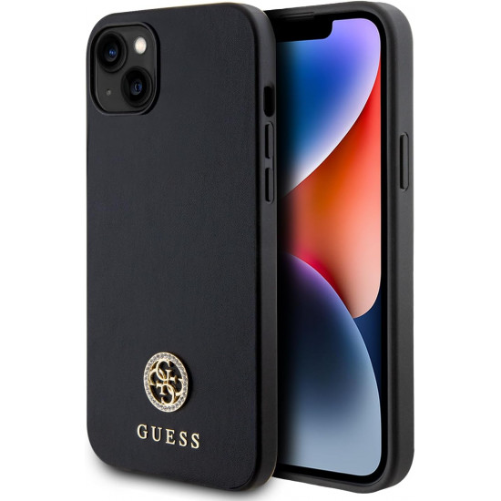 Guess iPhone 15 Plus 4G Strass Metal Logo Θήκη με Επένδυση Συνθετικού Δέρματος - Black - GUHCP15MPS4DGPK