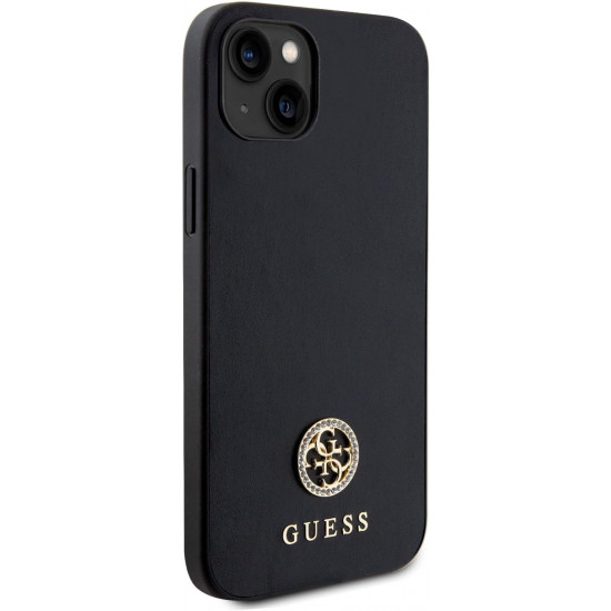 Guess iPhone 15 Plus 4G Strass Metal Logo Θήκη με Επένδυση Συνθετικού Δέρματος - Black - GUHCP15MPS4DGPK
