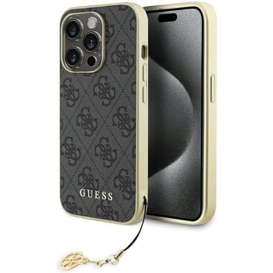 Guess iPhone 15 Pro - 4G Charms Collection Θήκη με Επένδυση Συνθετικού Δέρματος - Grey - GUHCP15LGF4GGR