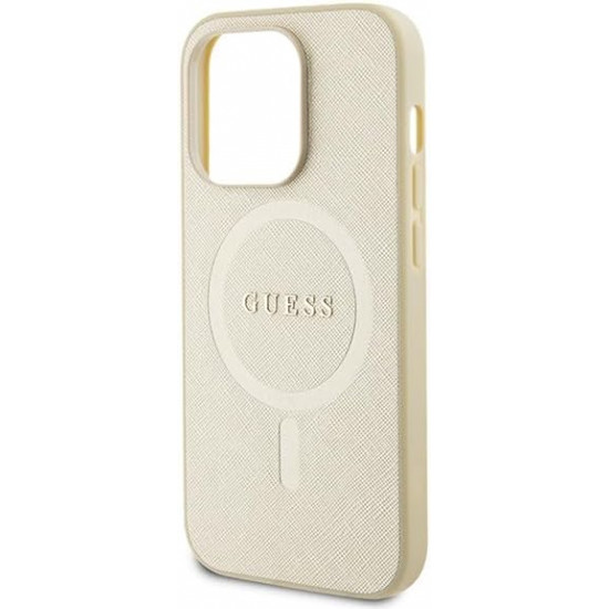 Guess iPhone 15 Pro Max Saffiano MagSafe Σκληρή Θήκη με Πλαίσιο Σιλικόνης και MagSafe - Gold - GUHMP15XPSAHMCB