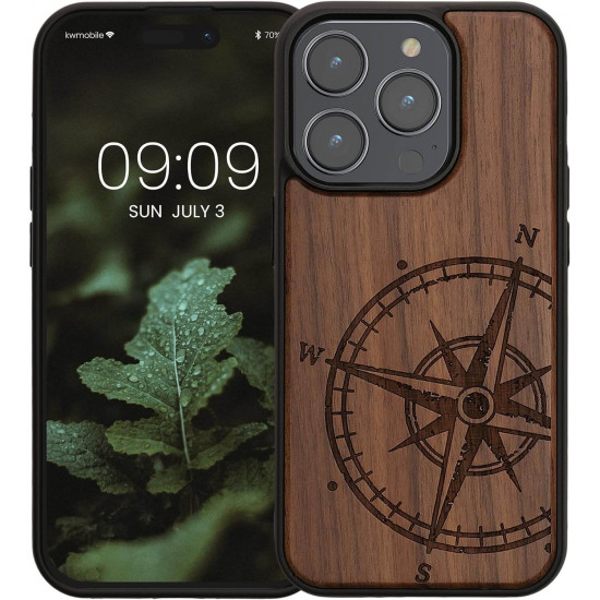 KW iPhone 15 Pro Θήκη από Φυσικό Ξύλο - Design Vintage Compass - Dark Brown - 62013.01