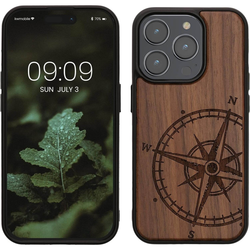 KW iPhone 15 Pro Θήκη από Φυσικό Ξύλο - Design Vintage Compass - Dark Brown - 62013.01