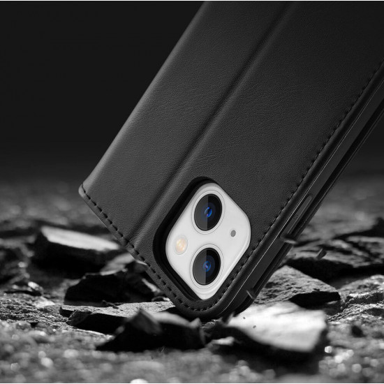 Dux Ducis iPhone 15 Plus Hivo Θήκη Πορτοφόλι Stand από Γνήσιο Δέρμα - Black
