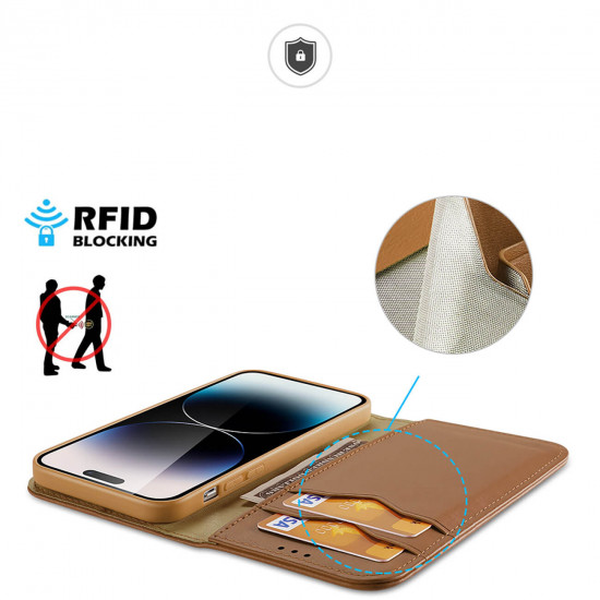 Dux Ducis iPhone 15 Pro Hivo Θήκη Πορτοφόλι Stand από Γνήσιο Δέρμα - Brown