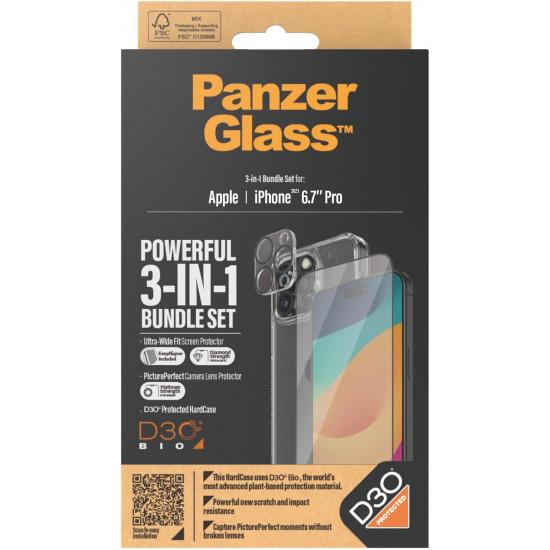 PanzerGlass iPhone 15 Pro Max - Σετ με 1 Αντιχαρακτικό Γυαλί Οθόνης Ultra-Wide Fit, 1 Αντιχαρακτικό Γυαλί για την Κάμερα και 1 Σκληρή Θήκη - Διάφανο
