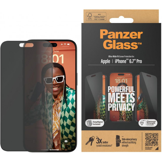 PanzerGlass iPhone 15 Pro Max Ultra-Wide Fit Easy Aligner Privacy Full Screen Αντιχαρακτικό Γυαλί Οθόνης - Black
