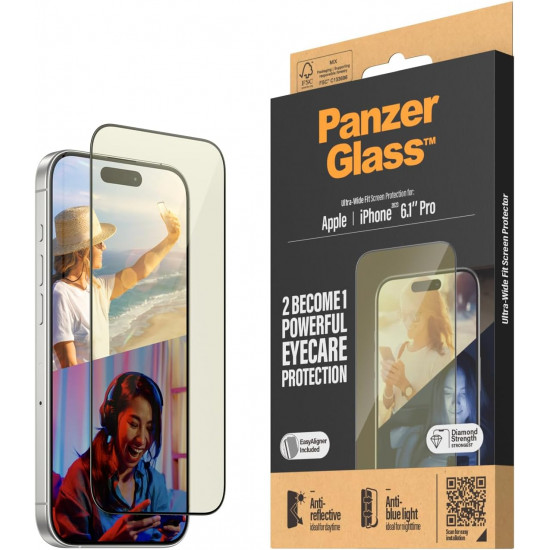 PanzerGlass iPhone 15 Pro - EyeCare Ultra-Wide Fit Anti-Blue Light Anti-reflective Easy Aligner Full Screen Αντιχαρακτικό Γυαλί Οθόνης - Black