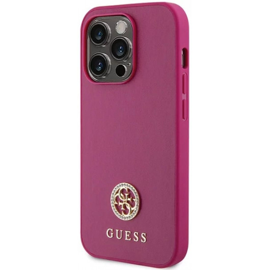 Guess iPhone 15 Pro Max 4G Strass Metal Logo Θήκη με Επένδυση Συνθετικού Δέρματος - Pink - GUHCP15XPS4DGPP