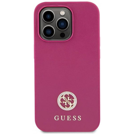 Guess iPhone 15 Pro Max 4G Strass Metal Logo Θήκη με Επένδυση Συνθετικού Δέρματος - Pink - GUHCP15XPS4DGPP