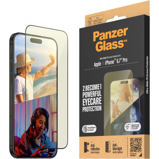 PanzerGlass iPhone 15 Pro Max - EyeCare Ultra-Wide Fit Anti-Blue Light Anti-reflective Easy Aligner Full Screen Αντιχαρακτικό Γυαλί Οθόνης - Black