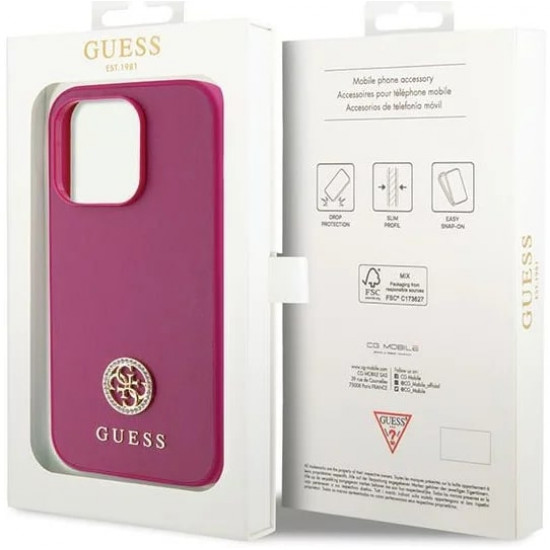Guess iPhone 15 Pro 4G Strass Metal Logo Θήκη με Επένδυση Συνθετικού Δέρματος - Pink - GUHCP15LPS4DGPP