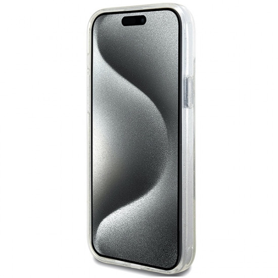 Guess iPhone 15 Plus Ring Stand Script Glitter Magsafe Σκληρή Θήκη με Πλαίσιο Σιλικόνης και MagSafe / Stand - Clear - GUHMP15MHRSGSD