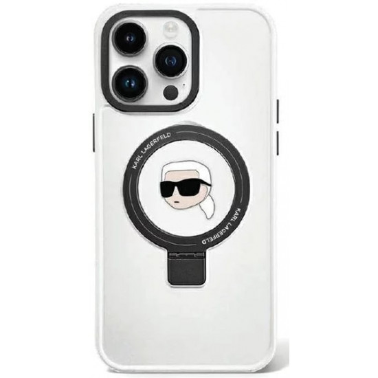 Karl Lagerfeld iPhone 15 Pro Max Ring Stand Karl Head MagSafe Σκληρή Θήκη με Πλαίσιο Σιλικόνης και MagSafe - White - KLHMP15XHMRSKHH