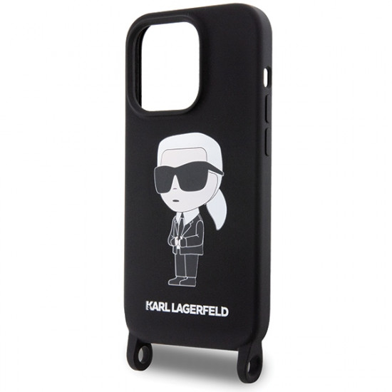 Karl Lagerfeld iPhone 15 Pro Crossbody Silicone Ikonik Σκληρή Θήκη με Πλαίσιο Σιλικόνης και Λουράκι - Black - KLHCP15LSCBSKNK